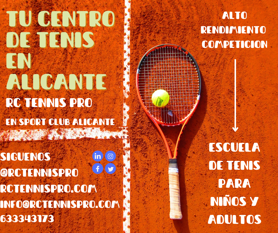 Cartel anunciando el centro de Tenis, junto con las redes y contacto.